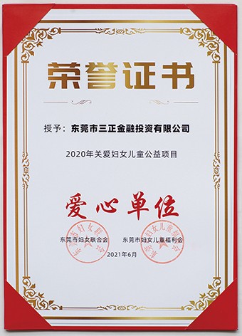 6月3日上午，東莞市婦聯(lián)聯(lián)合市委組織部、市直工委、市婦女兒童福利會共同啟動了2021年東莞市婦女兒童“黨群公益匯”活動。啟動議式上，三正金融投資公司被授予“愛心單位”榮譽(yù)證書。